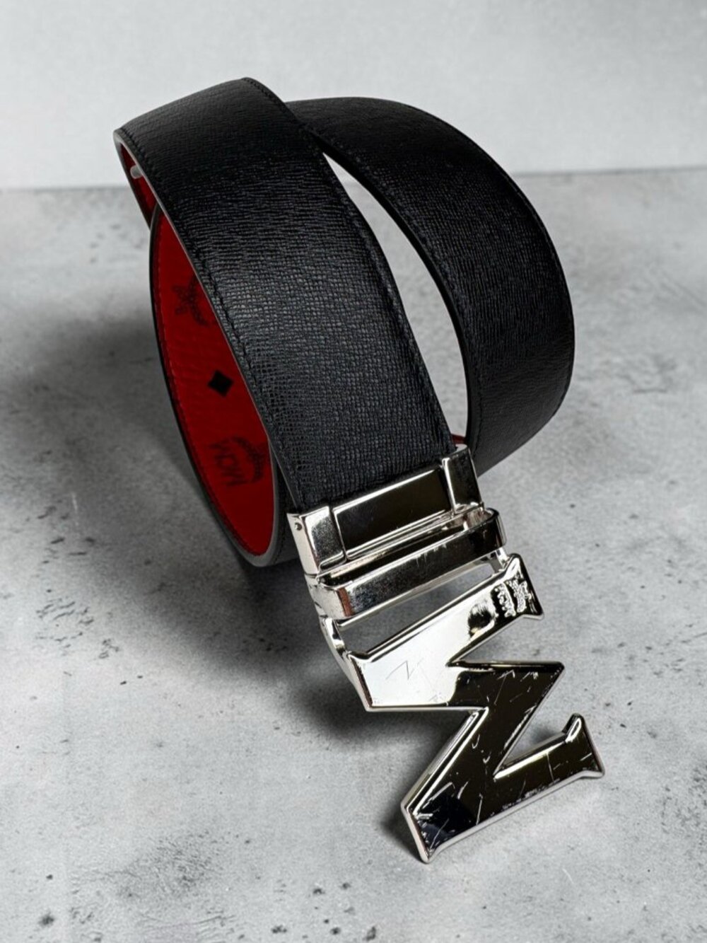 MCM Size 34 Reversible M Logo Belt Black Leather Red Visetos Silver Buckle